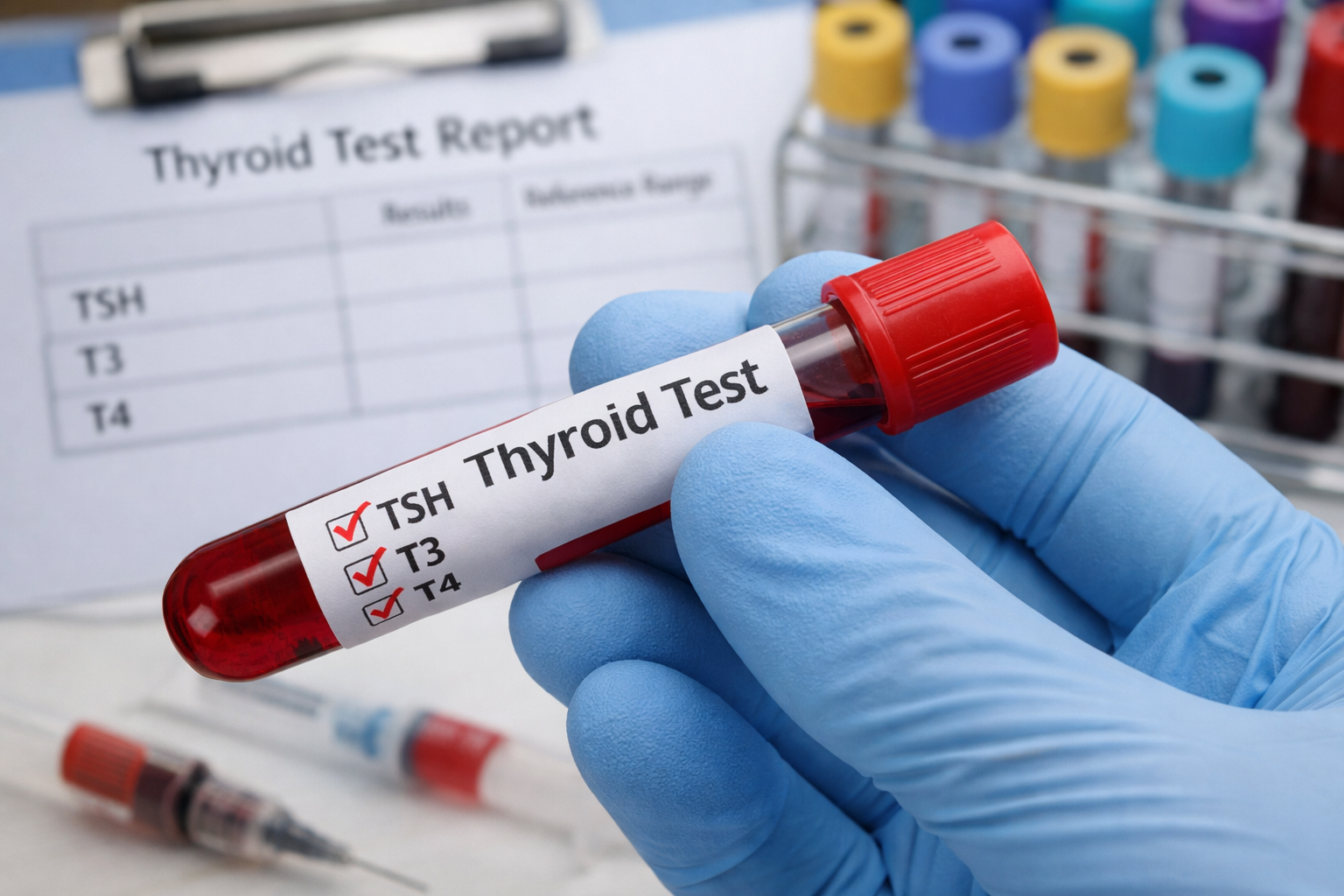 Thyroid test blood sample tube showing TSH, T3 and T4 hormone levels in laboratory