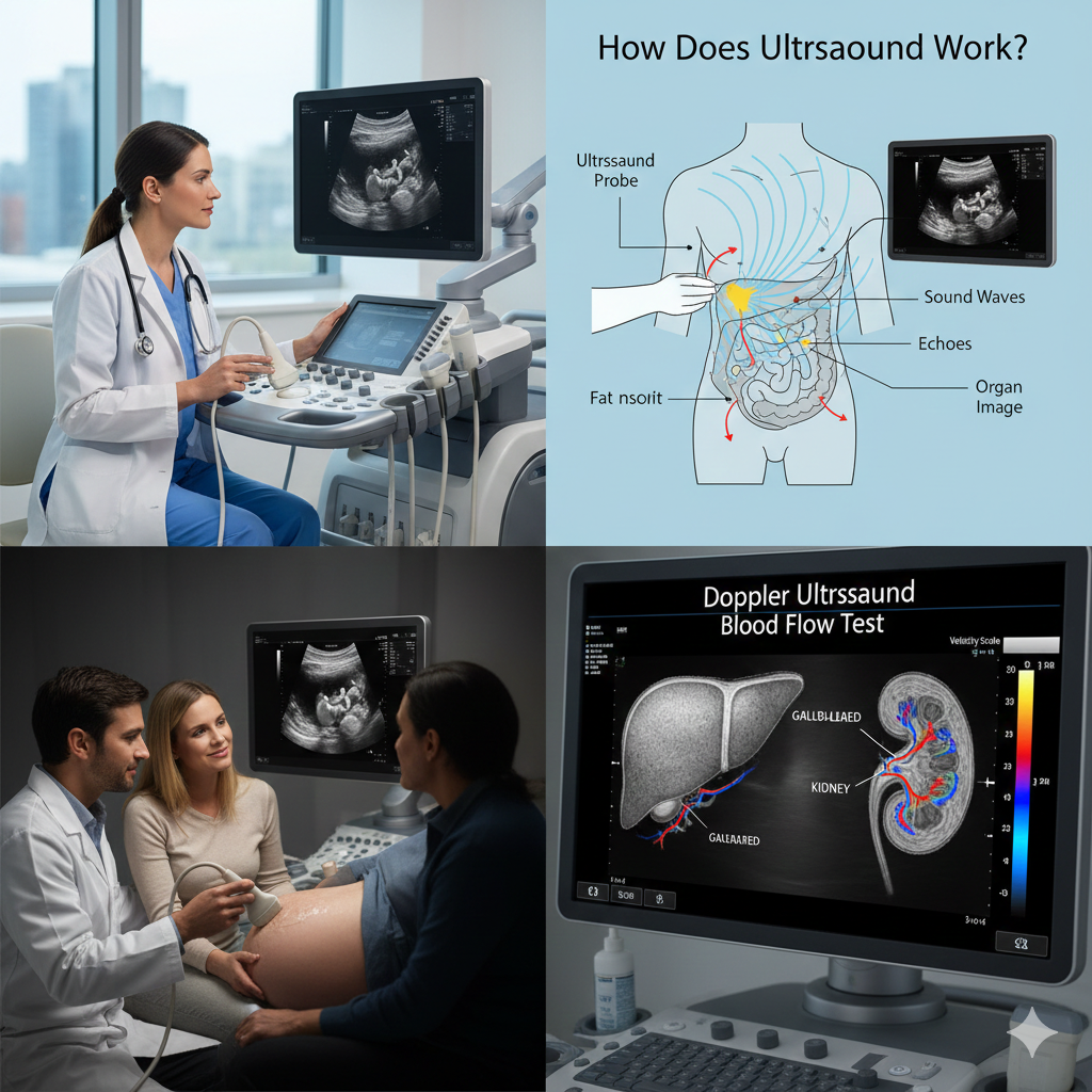 Ultrasound test performed using a medical ultrasound machine الٹراساؤنڈ ٹیسٹ ایک جدید، محفوظ اور عام استعمال ہونے والا طبی ٹیسٹ ہے جس کے ذریعے انسانی جسم کے اندرونی اعضاء کی تصاویر حاصل کی جاتی ہیں۔ یہ ٹیسٹ آواز کی تیز لہروں کی مدد سے کیا جاتا ہے، جو انسانی کان نہیں سن سکتا۔ الٹراساؤنڈ میں کسی قسم کی شعاعیں یا ایکس رے استعمال نہیں ہوتے، اسی لیے یہ بچوں، بزرگوں اور حاملہ خواتین کے لیے بھی محفوظ سمجھا جاتا ہے۔