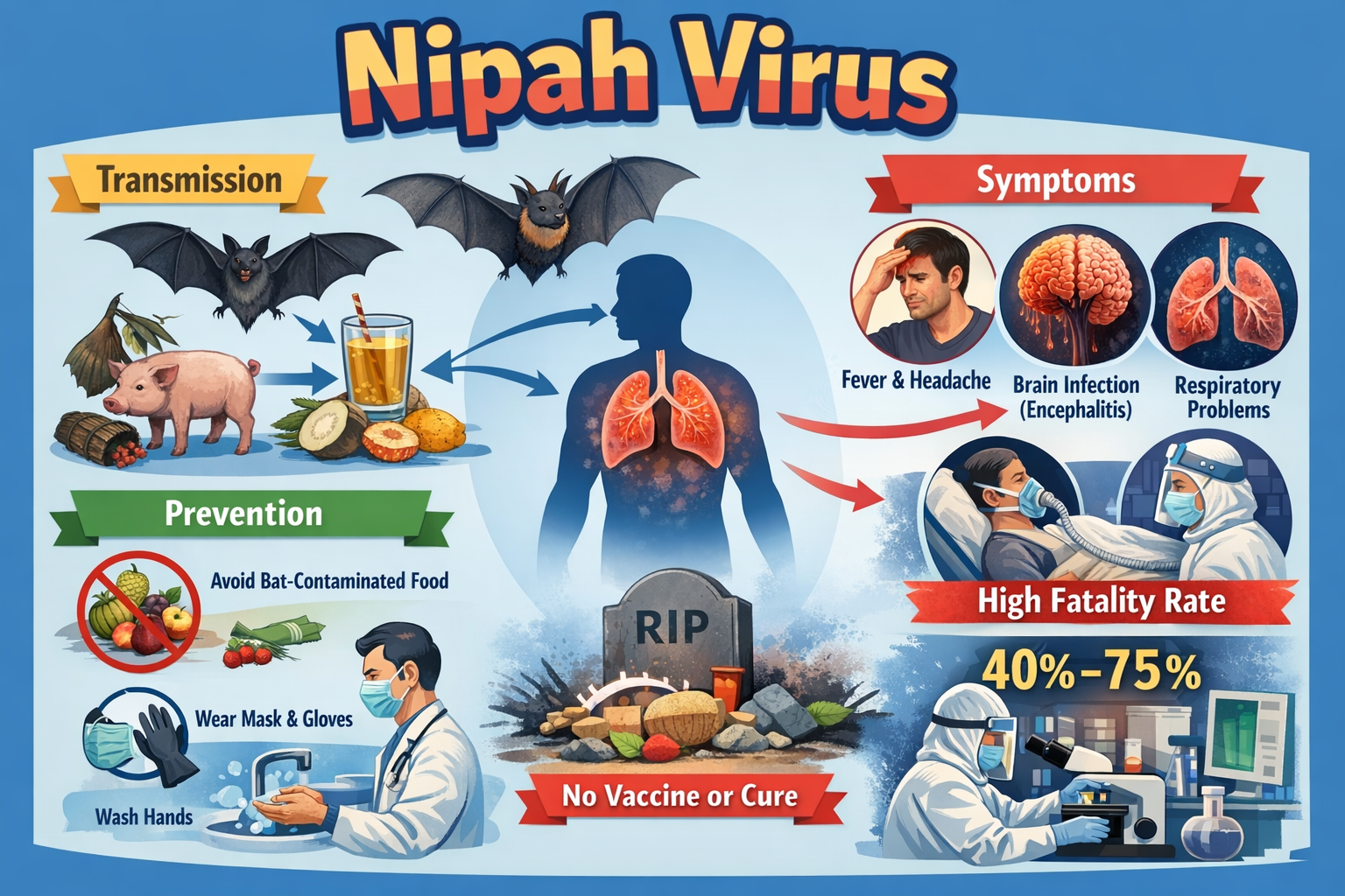Nipah virus causing brain inflammation and encephalitis